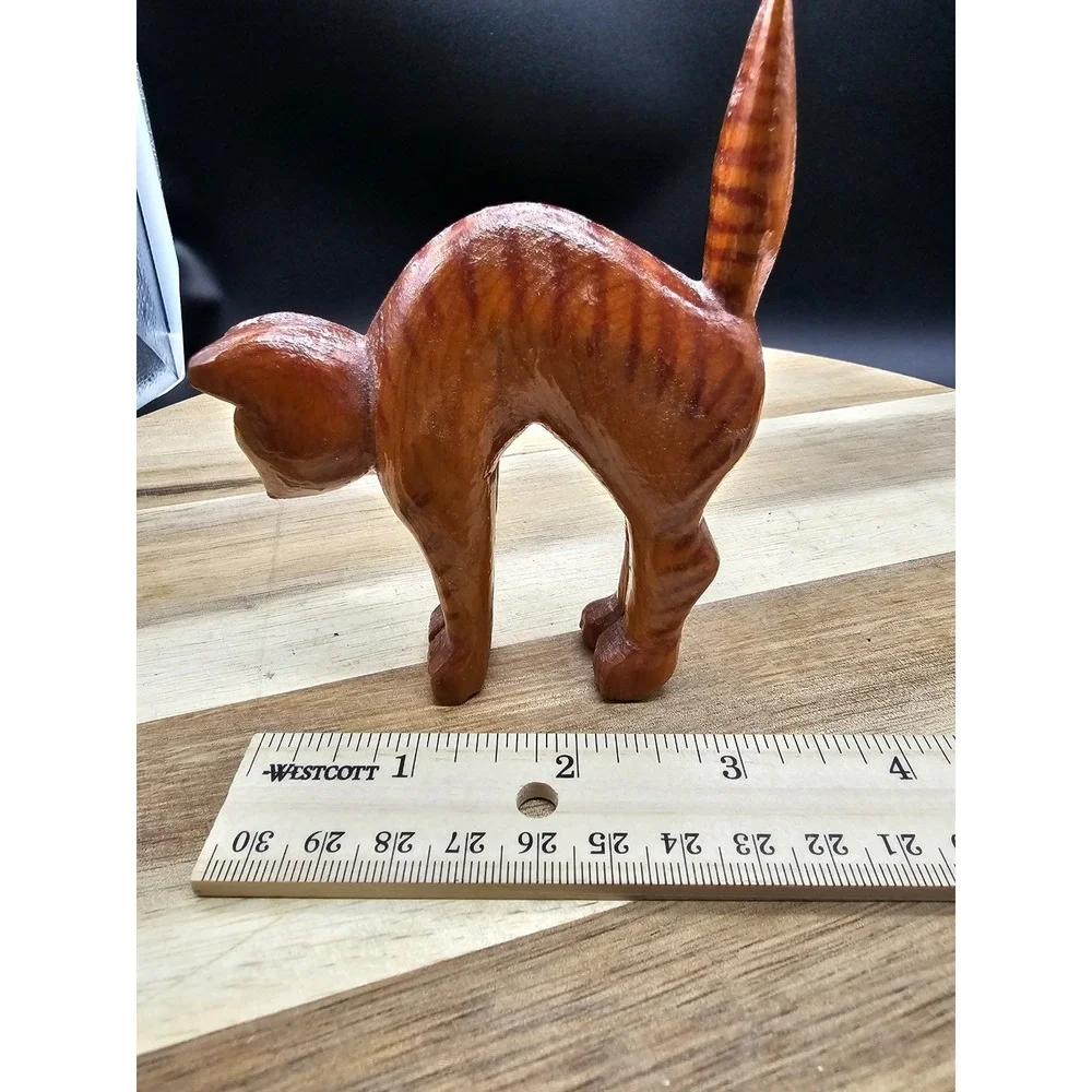 Vintage Hand Carved Wooden Orange‎ Cat Arched Back